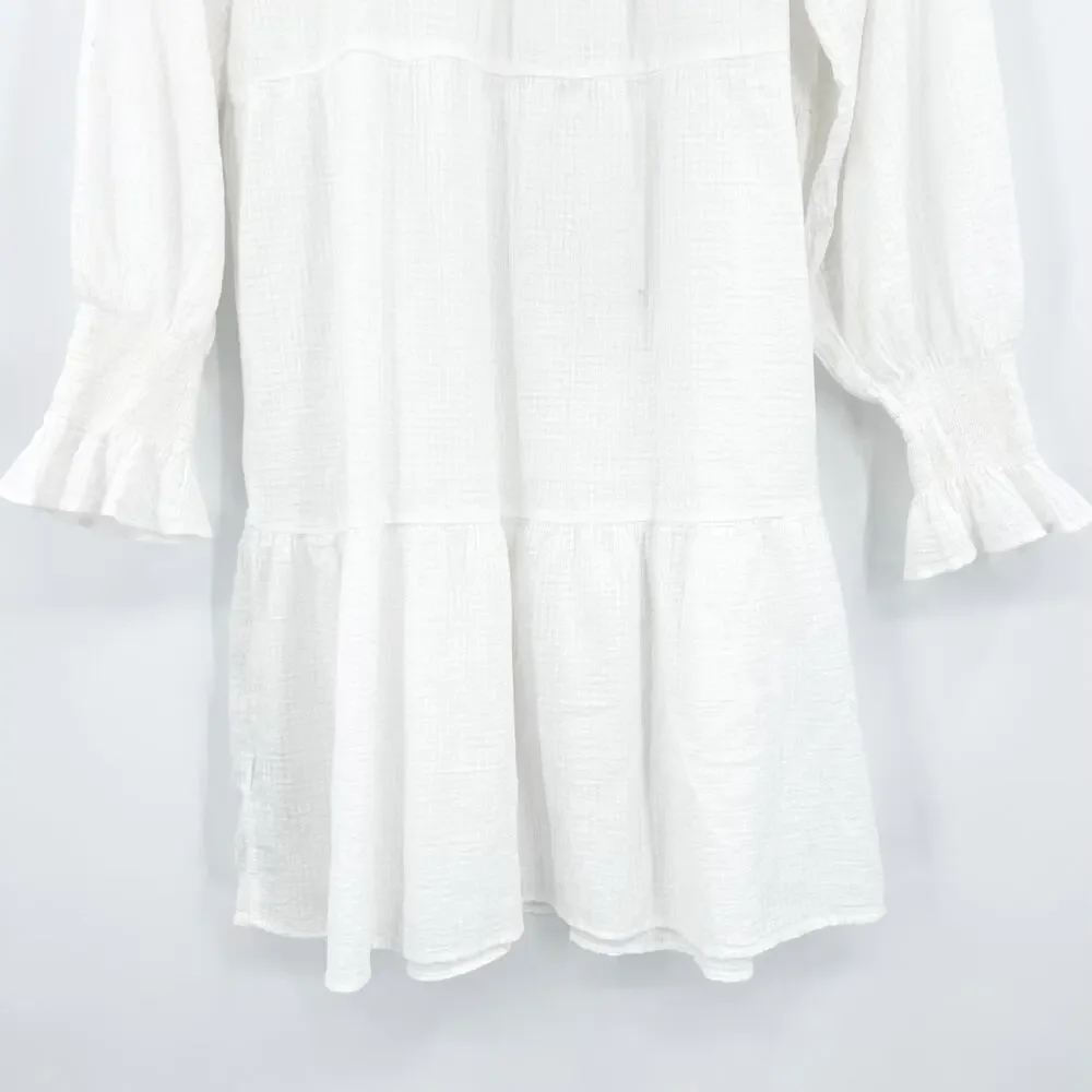 J.Crew Tiered Tunic Mini Dress White Cotton Gauze Ruffle Tassel Boho Beach Sz M